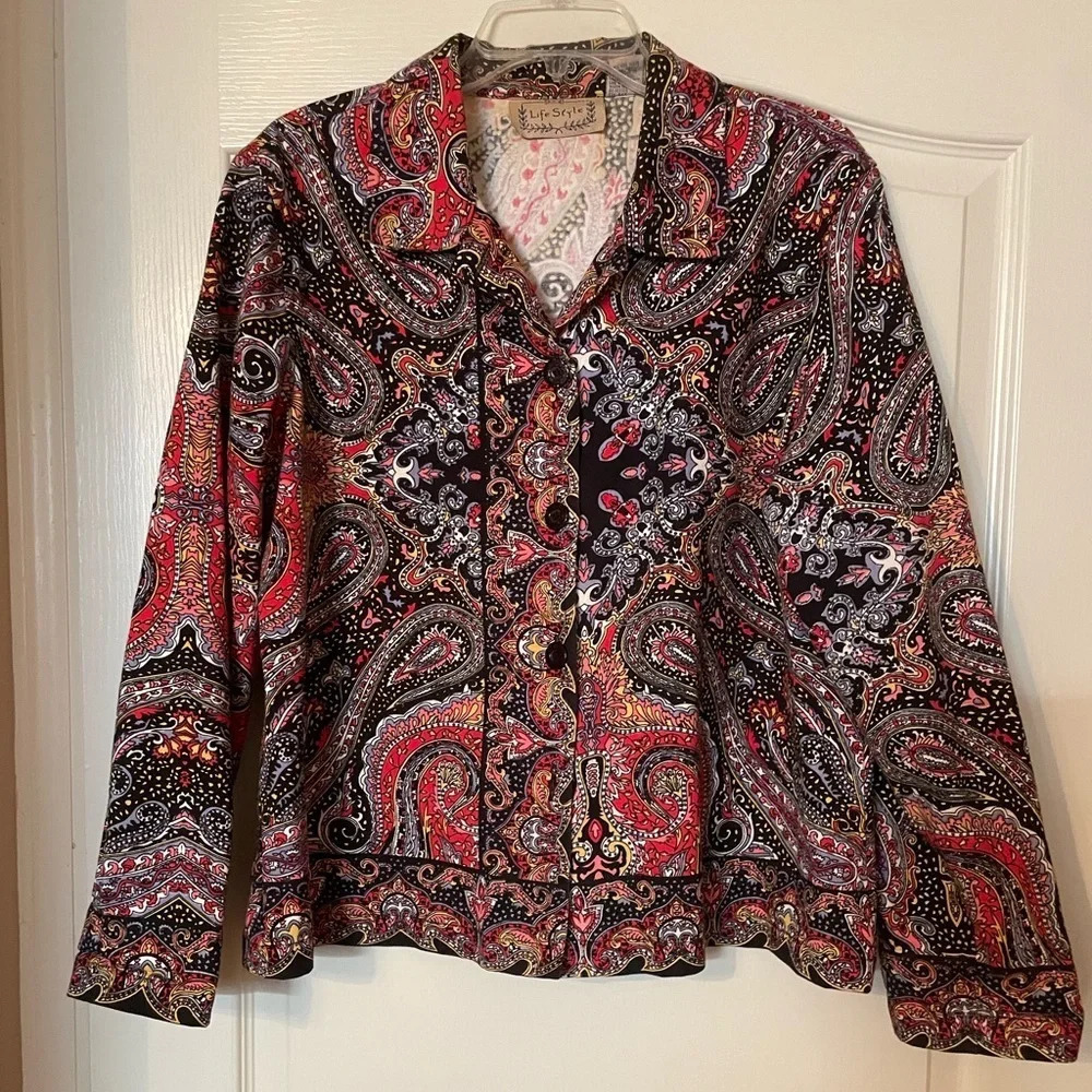 LIFE STYLE Women’s Size XL Multicolor Paisley Floral Button-Up Jacket Grannycore
